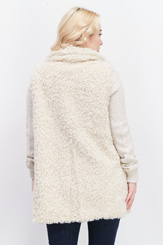 جاكيت نسائي بدون أكمام من الصوف الناعم، لون بيج - 2