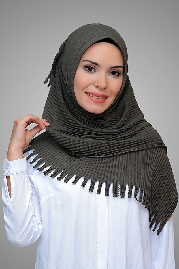 Khaki Practical Ready-made Interlace Hijab Scarf Cut Fiber Pleated Fringed Laser Cut 1818_09