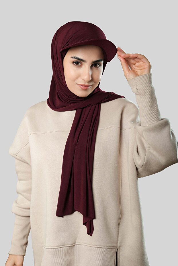 Claret Red Practical Pre-Fitted Hat Hijab Shawl Sandy Plain 3008_16
