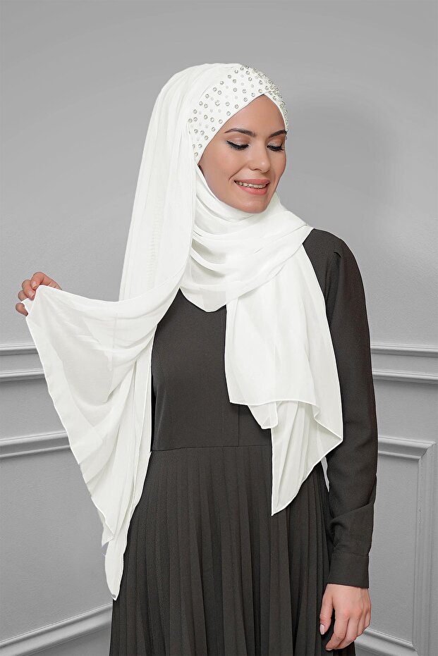 Cream Practical Ready-To-Wear Bonnet Shawl Chiffon Self-Embellished with Stones Handmade Embroidered 1450_40