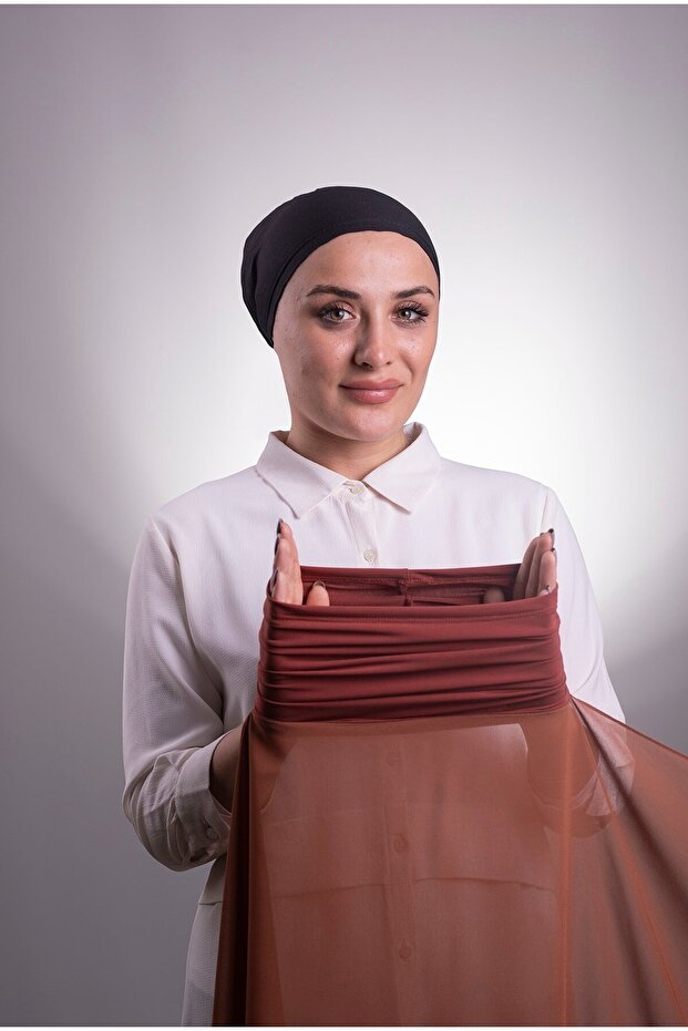 Dark Tile Practical Ready-To-Wear Shawl with Chiffon Tube Bonnet 3001_29