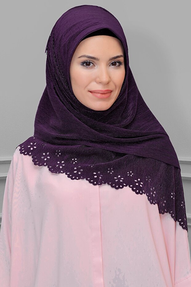 وشاح حجاب متشابك عملي وجاهز باللون البرقوقي فوكورو مطوي على شكل زهرة مقطوعة بالليزر 1819_07
