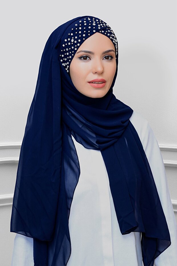 Lacivert Pratik Hazır Geçmeli Bone Şal Şifon Kendinden Boneli Taşlı Elişi Işlemeli 1450_02 - 3