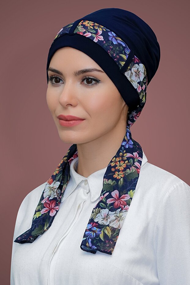 Navy Blue Practical Ready-To-Wear Hijab Bonnet Sandy Fabric Patterned Chiffon with Belt 1205D_02