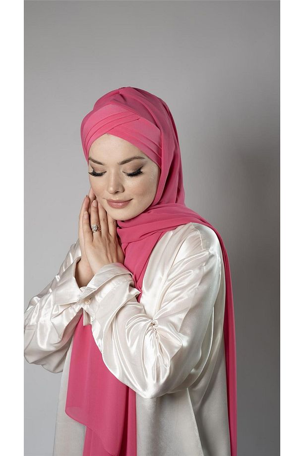 Pembe Pratik Hazır Geçmeli Bone Şal Şifon Kumaş Kendinden Boneli Üç Bantlı 1451_04 - 3