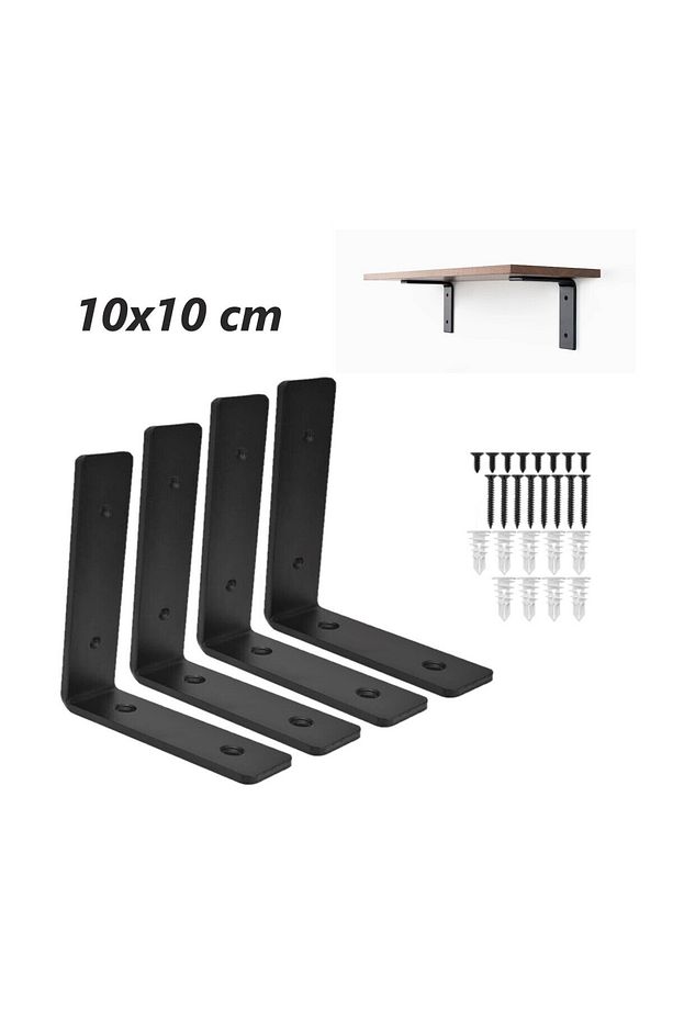 10 X 10 Cm Ağır Yük Köşebent Raf Altı Ayak Raf Tutucu L Demir Siyah Montaj Aparatı (4 ADET) - 1