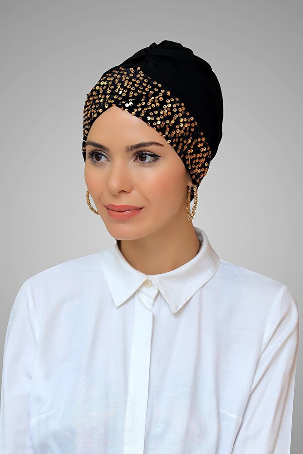 Black-gold Practical Ready-made Hijab Bonnet Sandy Fabric Sequined Single Cross 1907_102