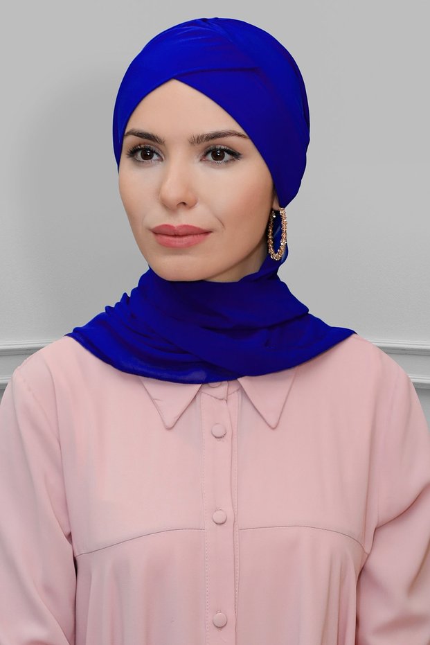Cobalt M. Practical Ready-To-Wear Hijab Bonnet Sandy Fabric Cross Gathered Chiffon Scarf 1801A_24