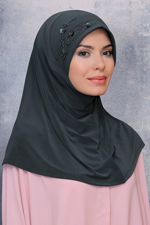 Anthracite Practical Ready-made Interlocking Hijab Scarf Sandy Fabric Handmade Flower Embroidered Sequin 1604_25
