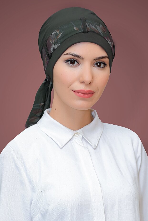 Khaki Practical Ready-To-Wear Hijab Bonnet Sandy Fabric Patterned Chiffon with Belt 1205D_09