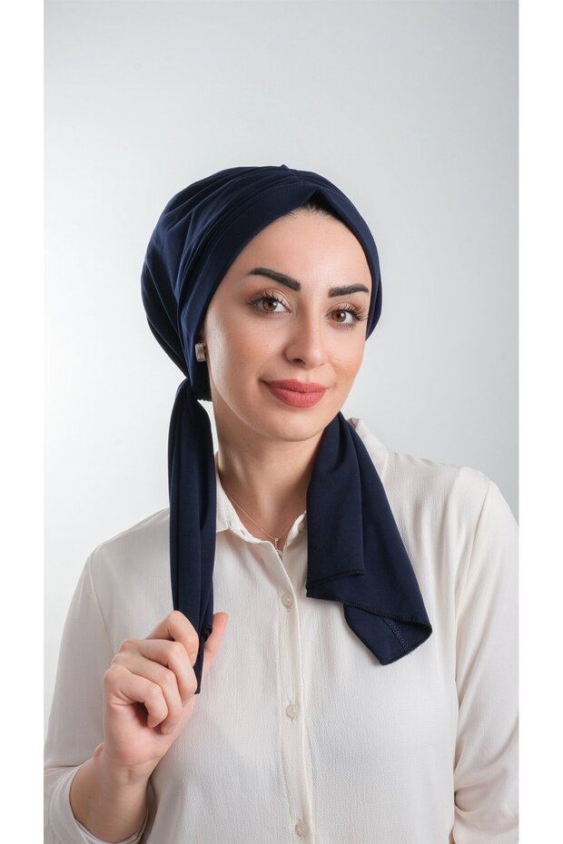 Navy Blue Practical Ready-made Interlaced Hijab Bonnet Cut Fiber Plain 2111_02