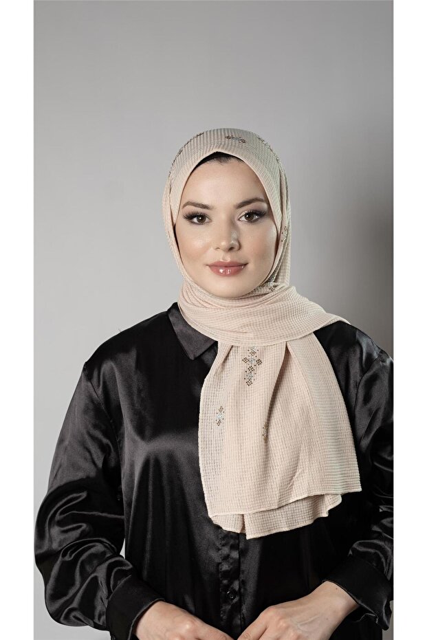 Beige Practical Ready-made Snap-on Hijab Shawl Knitted Fabric Stoned Flower Pattern 2118C_12