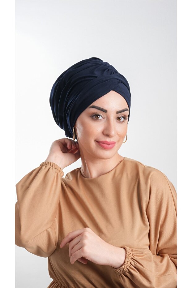 Navy Blue Practical Ready-to-Fit Hijab Bonnet Sandy Fabric Gathered 2114_02