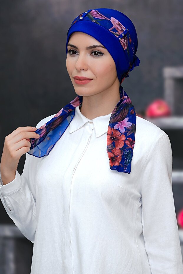 Cobalt Blue Practical Ready-To-Wear Hijab Bonnet Sandy Fabric Patterned Chiffon with Belt 1305D_24