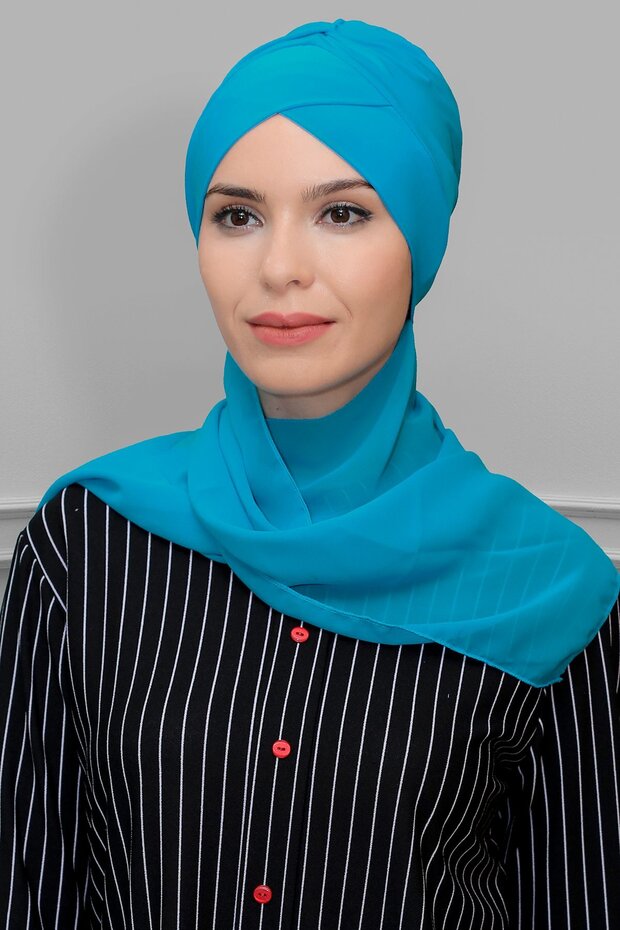 Indigo M. Practical Ready-To-Wear Hijab Bonnet Sandy Fabric Cross Drawstring Chiffon Scarf 1801A_34