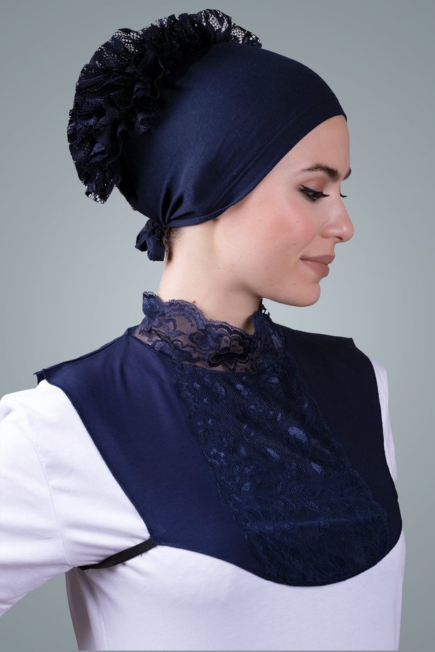 Navy Blue Hijab Neck Collar Viscose Fabric Chest Lace 1005_02