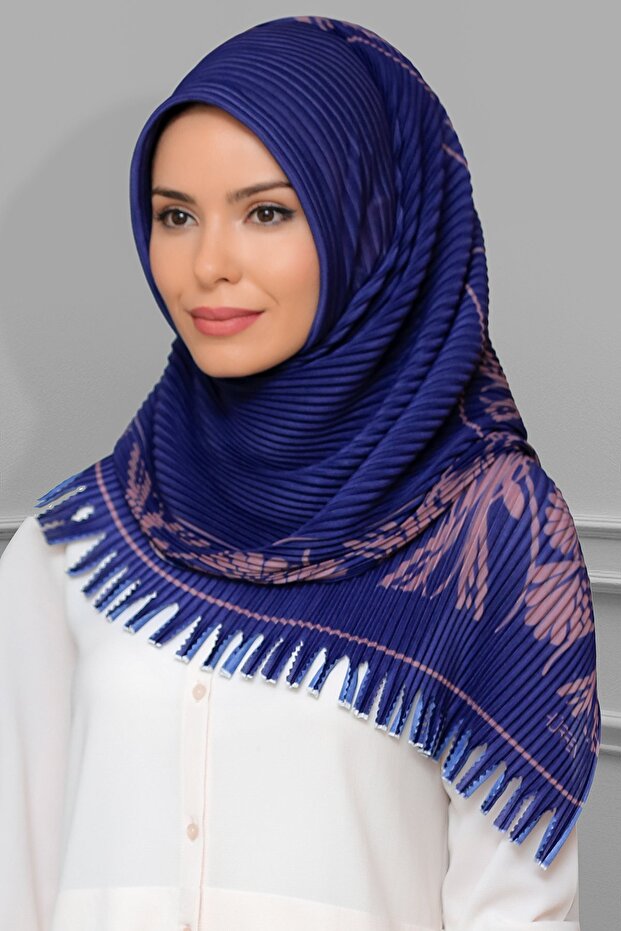 Navy blue-powder Practical Ready-made Interlocking Hijab Scarf Staple Fiber Pleated Flower Patterned 1818d3_206