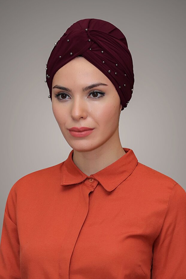 Claret Red Practical Wrap Hijab Bone Sandy Fabric Beaded 1870_16