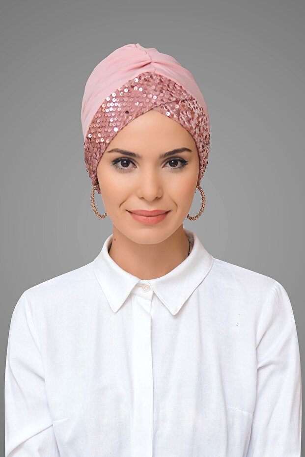 Powder Practical Ready-made Hijab Bonnet Sandy Fabric Sequined Single Cross 1907_06
