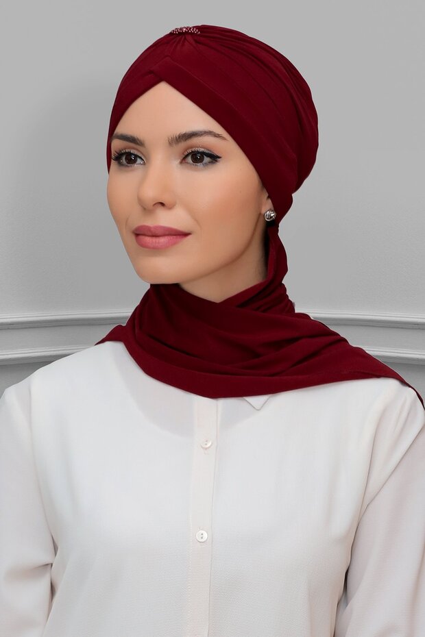 Burgundy Practical Ready-To-Wear Hijab Bonnet Sandy Fabric Crowned Drawstring Chiffon Scarf 1208A_16