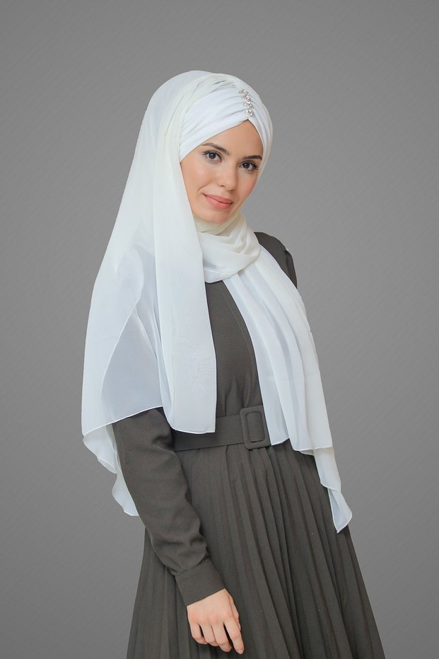 Cream Back-Tie Shawl Chiffon Pleated Stone Embellished Handmade Embroidered 1840_40