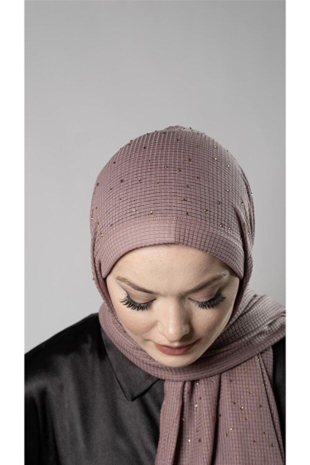 Gül Kurusu Pratik Hazır Geçmeli Tesettür Şal Örme Kumaş Taş Desenli 2118T_18 - 3