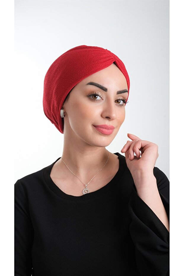 Red Practical Ready-made Hijab Bonnet Fukuro Glitter Gathered 2116_31