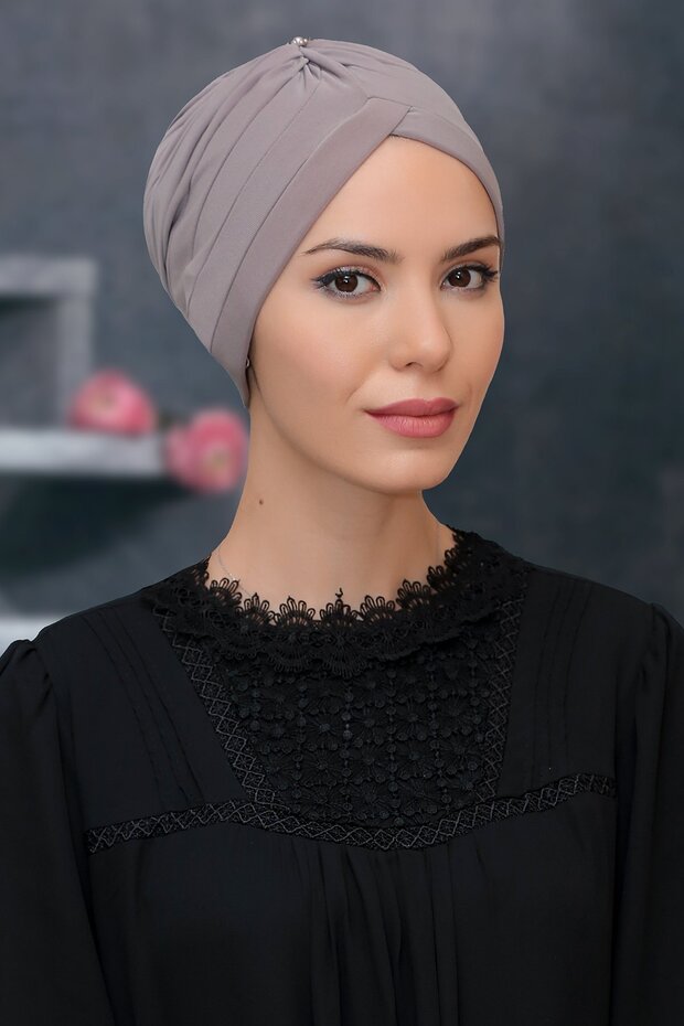 Mink Practical Ready-to-Fit Hijab Bonnet Sandy Fabric Crowned Gathered 1208_10