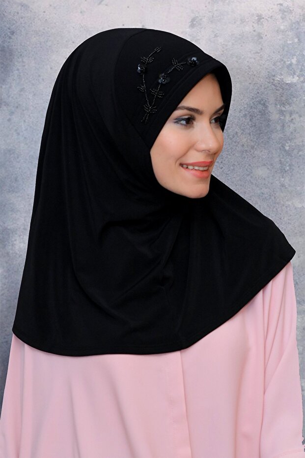 Black Practical Ready-made Interlocking Hijab Scarf Sandy Fabric Handmade Flower Embroidered Sequin 1604_01