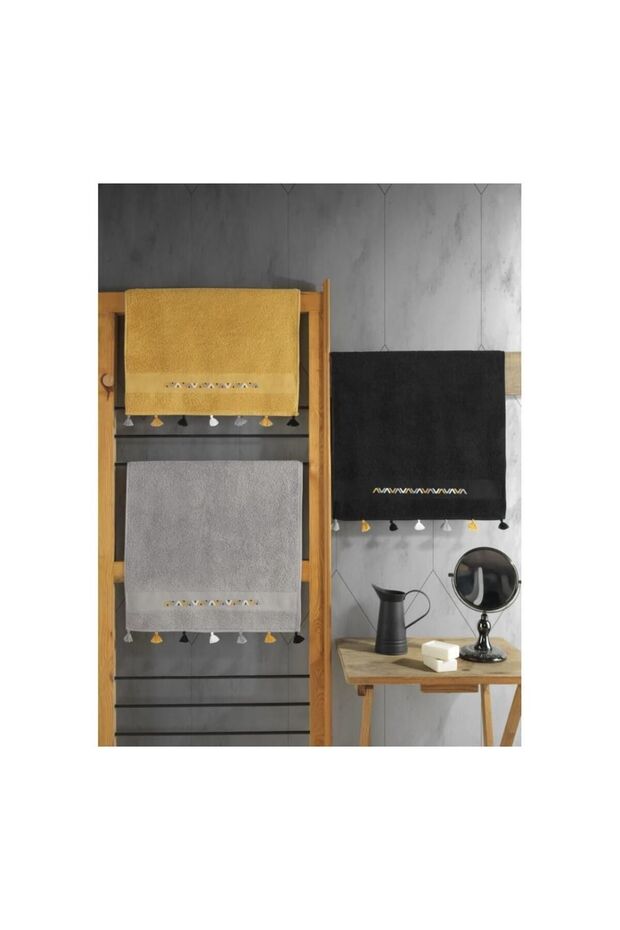 4612-Cb Towel Set Fit 3-Piece Tassel Curl V-4 (Black-Mustard-Grey)