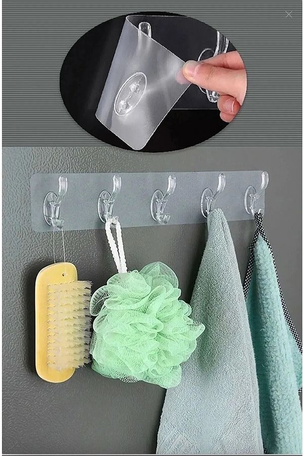 5'li Kendinden Yapışkanlı Güçlü Slikon Yapışkanlı Şeffaf Askılık Kapı Arkası Mutfak Duvar Banyo Askı - 2