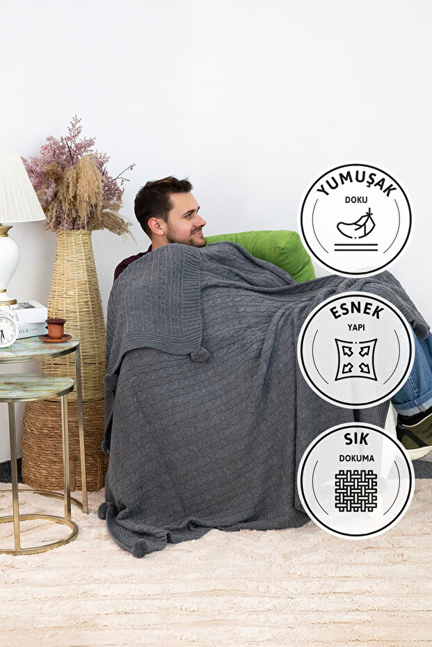 Biocotton Knitwear Pompom Knitted TV Blanket - Anthracite