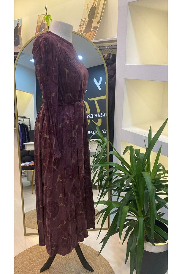 Fermuarlı Jakarlı Cupro Elbise 36802 Bordo - 3