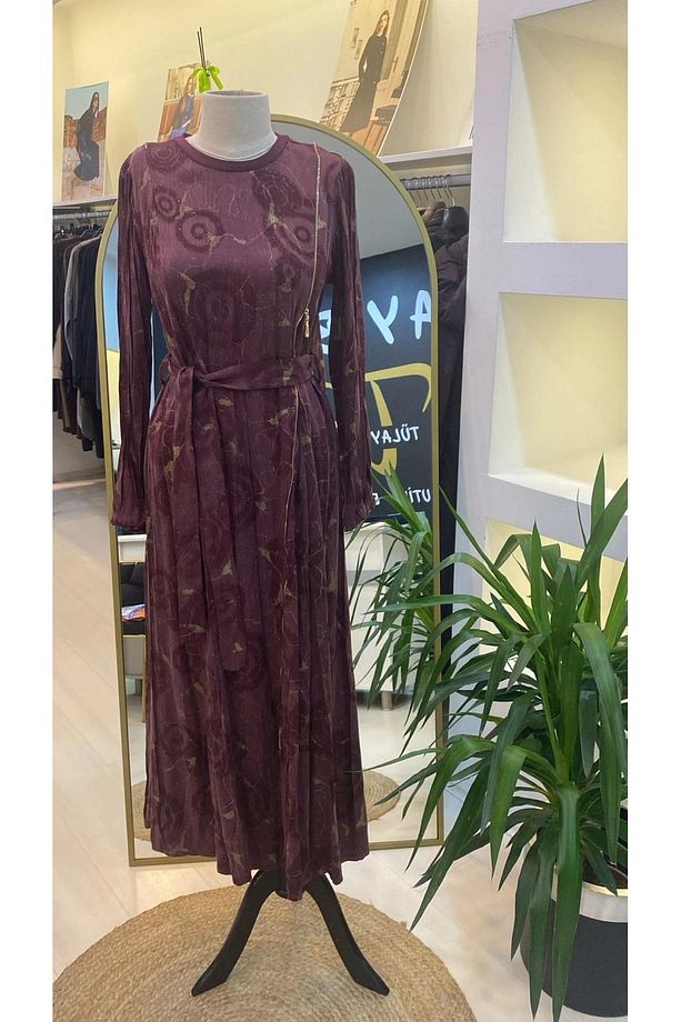 Fermuarlı Jakarlı Cupro Elbise 36802 Bordo - 1