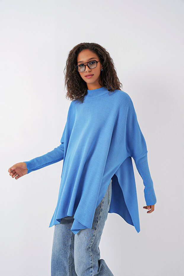 15783 Yırtmaçlı Panço Kazak - Saks - 3