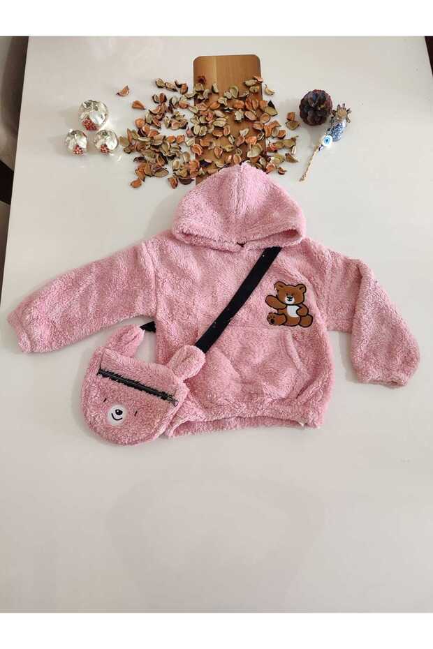 Hooded Plush Girl's Cardigan with Bear Embroidery Bag Accessories
