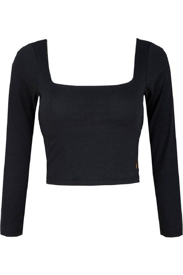 Kadın %100 Pamuklu Vücuda Yapışan Fitilli Kare  Yaka Kaşkorse  Uzun Kollu Crop Bluz - 2