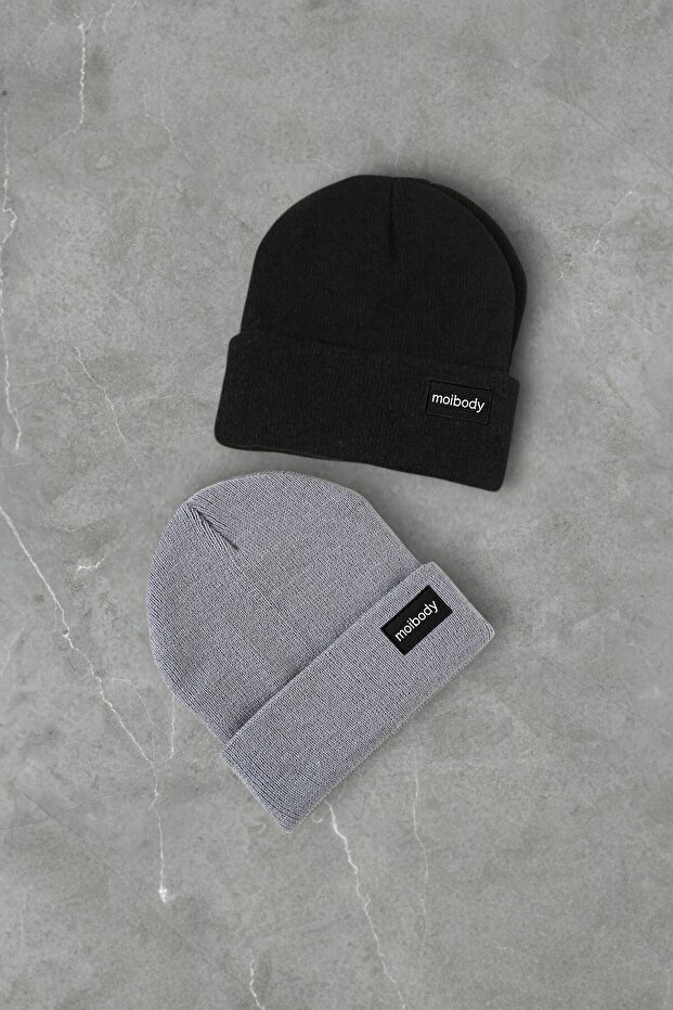 %100 Akrilik 2’li Premium Basic Bere Gri Siyah - 2