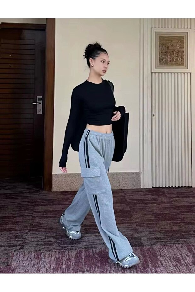 Y2K Jogg بنطال رياضي رمادي مع جيب كارجو