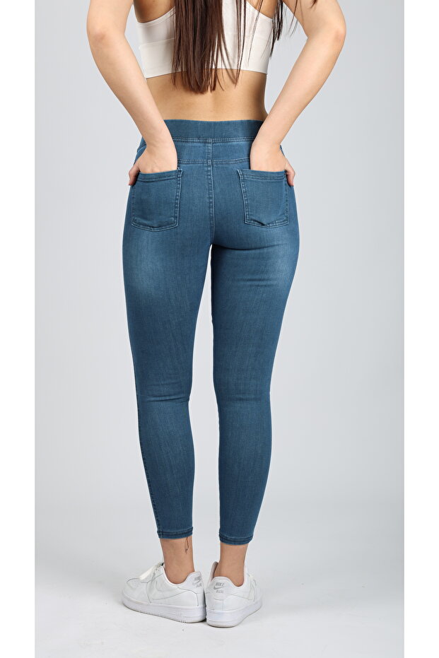 Kadın Mavi Beli Lastikli Tayt Kot Pantolon - 5