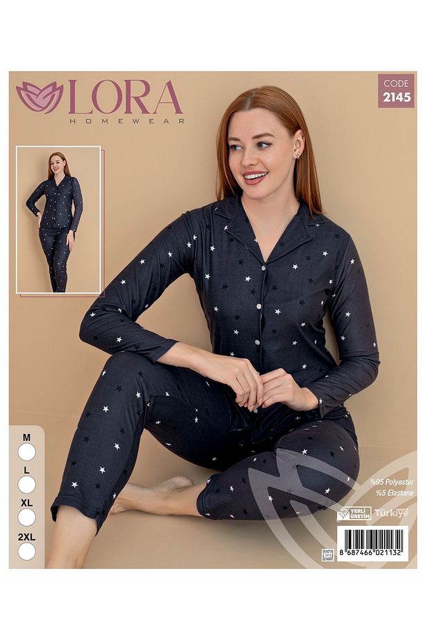 Kadın Uzun Kollu Yıldızlı Süet Pijama Takımı - 1