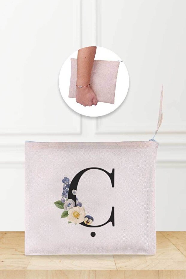 Letter C Patterned Linen Makeup Bag - 1