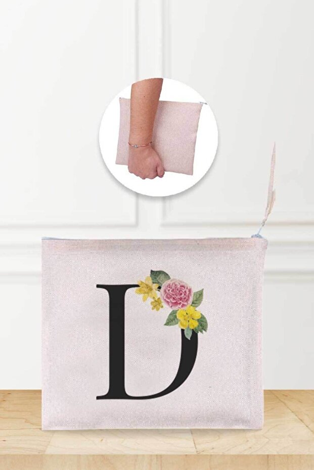 حقيبة مكياج كتانية منقوشة بحرف D - 1