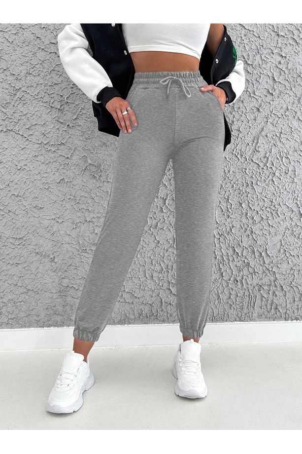 Gri Kadın Oversize Jogger Yüksek Bel Eşofman Altı 2 İplik Örme Kumaş - 1