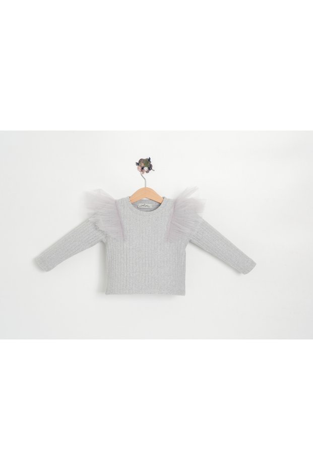 Gray Girl's Ribbed Knitted Tulle Ruffled Body