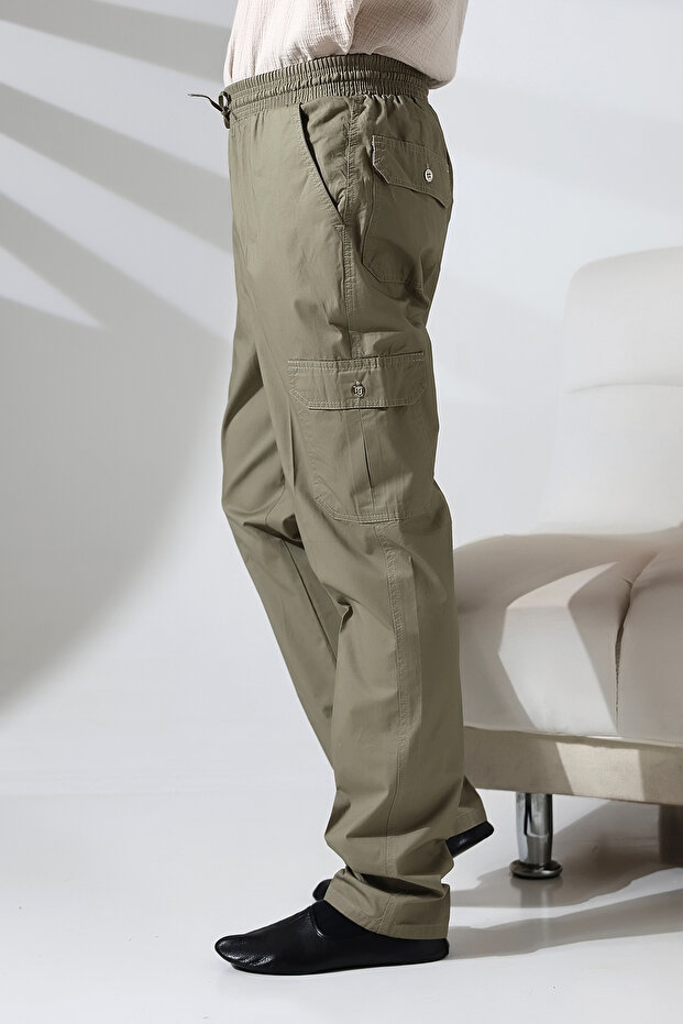 Men's Cargo Pants with Side Pockets and Elastic Waist for Hajj and Umrah, Green