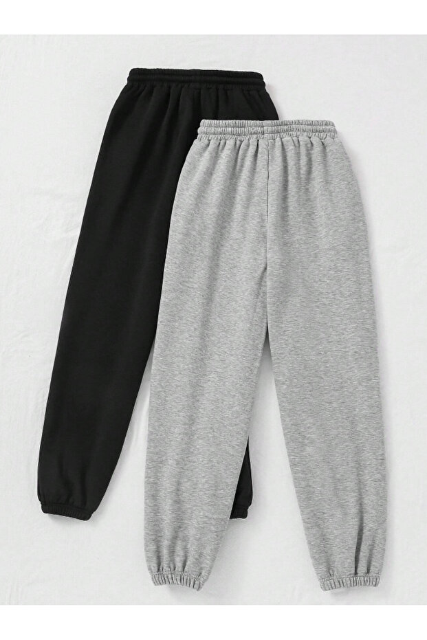 İkili Siyah Gri Basic Oversize Eşofman Seti Paça Lastikli - 2