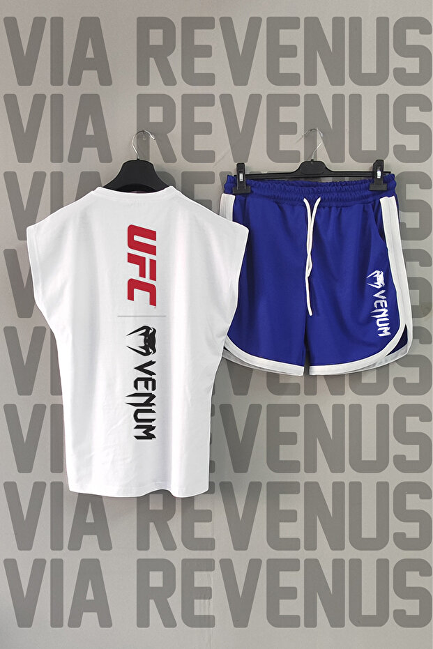 Ufc Front and Back Printed Zero Sleeve Sports Tshirt and Blue Shorts Sports Set