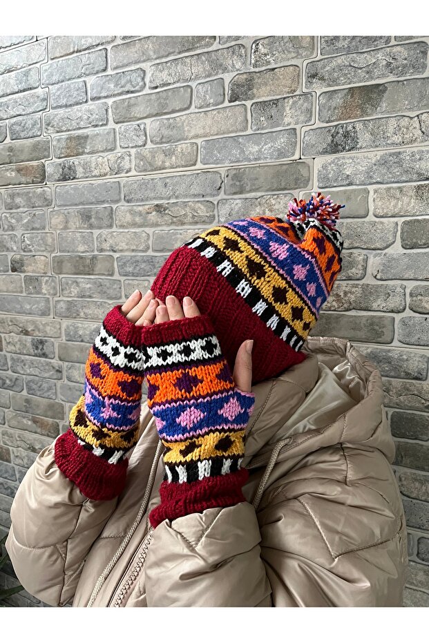 Şapka eldiven set, bere eldiven, el örgüsü kışlık bere eldiven, örgü bere , örgü eldiven - 1