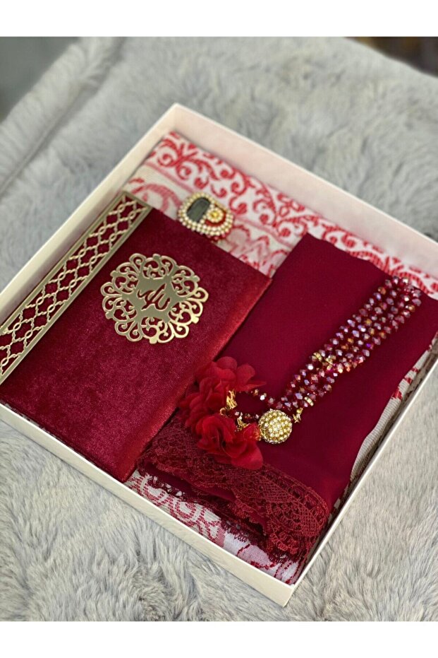 Claret Red Religious Gift, Prayer Rug Set, Bridal Bundle, Gift
